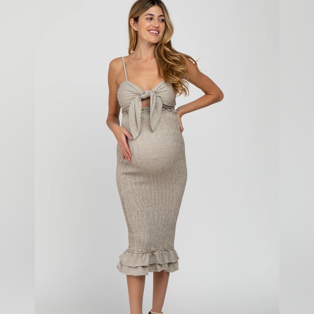 Pinkblush Mocha Gingham Fitted Maternity & non-maternity Midi Dress Stretchy